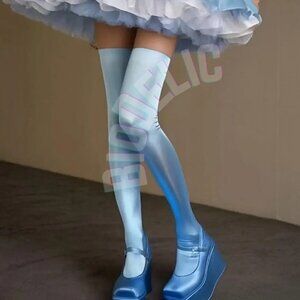 Blue Silk Thigh High Pantyhose, Cute Kawaii stockings